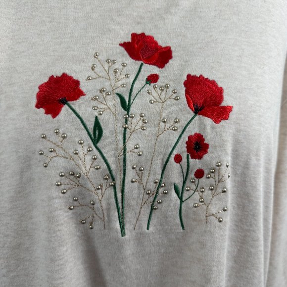 Long sleeve t shirt beautiful embroidery red flowers and bling scoop neckline - Picture 2 of 5